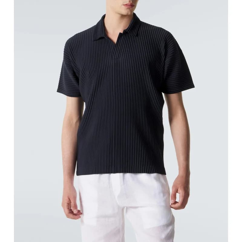 Miyake Pleated Men's Polo Shirt Short Sleeve Plisse Lapel Collar Loose Fit Breathable Stretch Korean Fashion Casual Summer Top