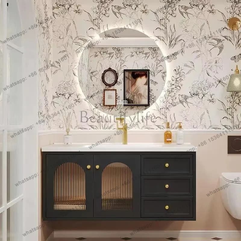 Oak Retro Bathroom Cabinet with Ceramic Integrated Basin Washbasin and Vanity Unit Set