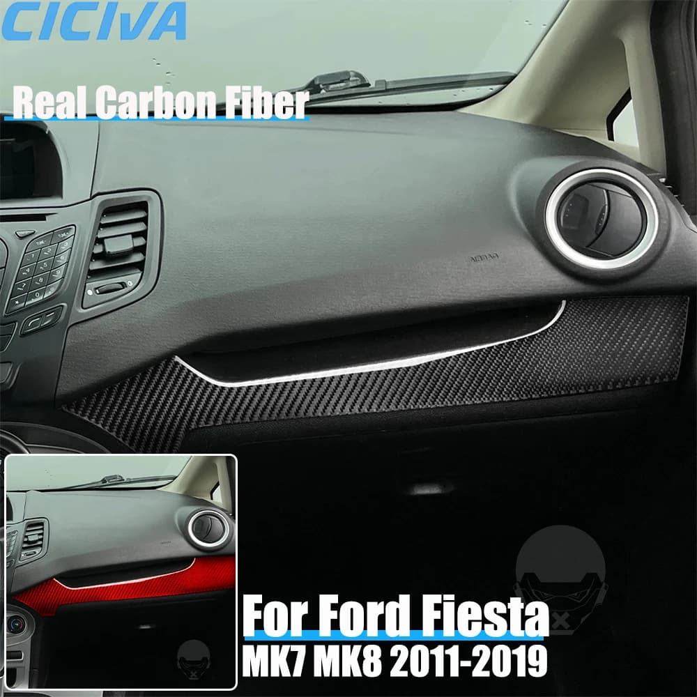Real Carbon Fiber Car Accessories Passenger Dashboard Panel Trim Decorative Cover Soft Sticker For Ford Fiesta MK7 MK8 2011-2019