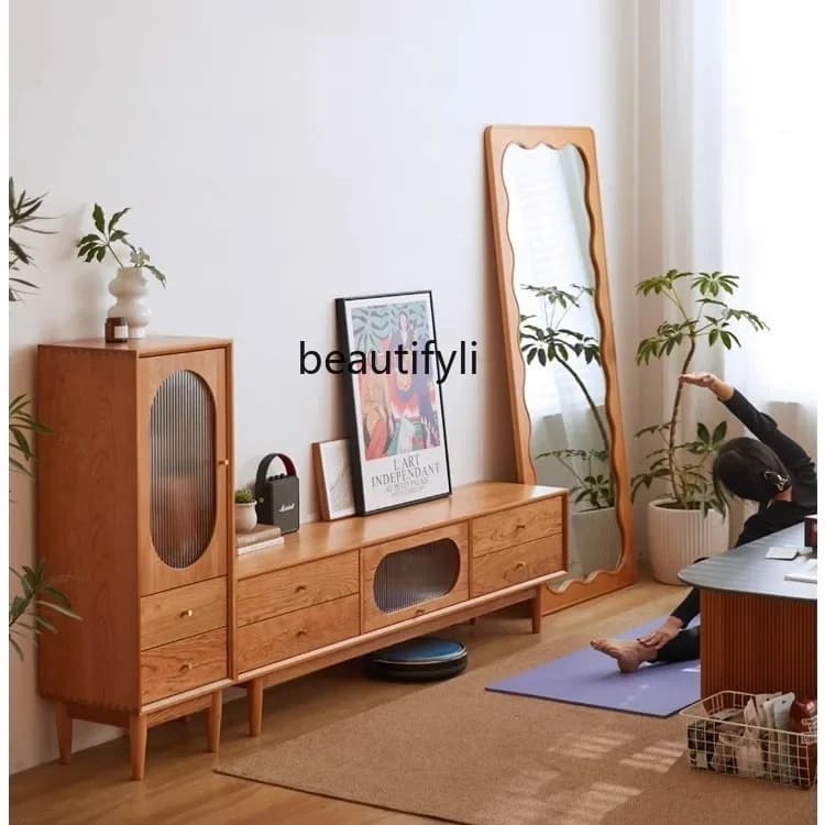 X All Solid Wood TV Cabinet Coffee Table Living Room Storage Cabinet Modern Light Luxury Cherry Wood Storage TV Cabinet