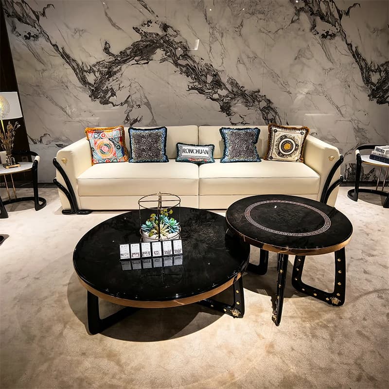 Foshan Supplier Sales Modern Wooden Coffee Table Set Living Sitting Room Natural Wood Veneer Black Round Coffee Table