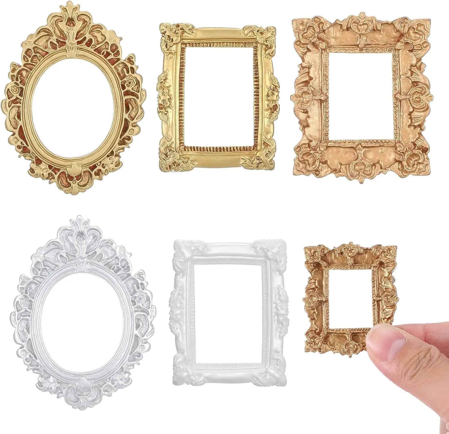 5 Pcs Miniature Dollhouse Mirror Set with Carved Golden Edges, European Style Victorian Baroque Wall Decor for 1/12 Scale Dollho