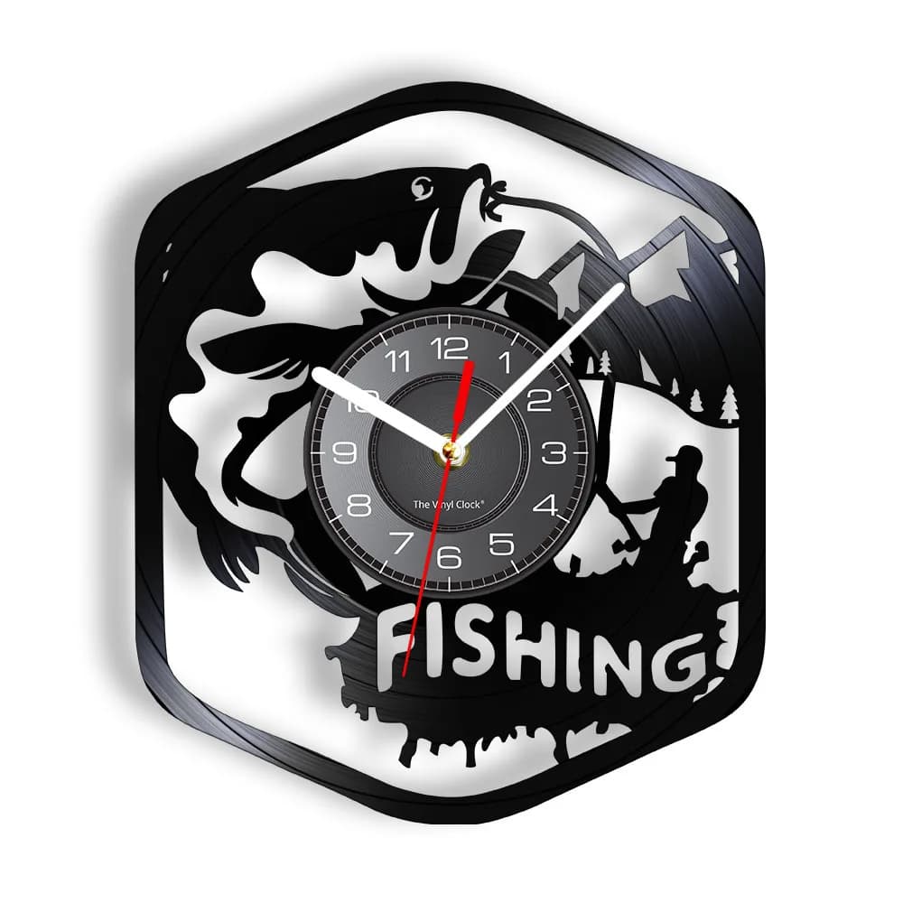 Fisherman Home Decor Silent Quartz Wall Time Clock Fishing Vinyl Record Watch Fishing Retro Clock Fisherman Fishing Lovers Gift