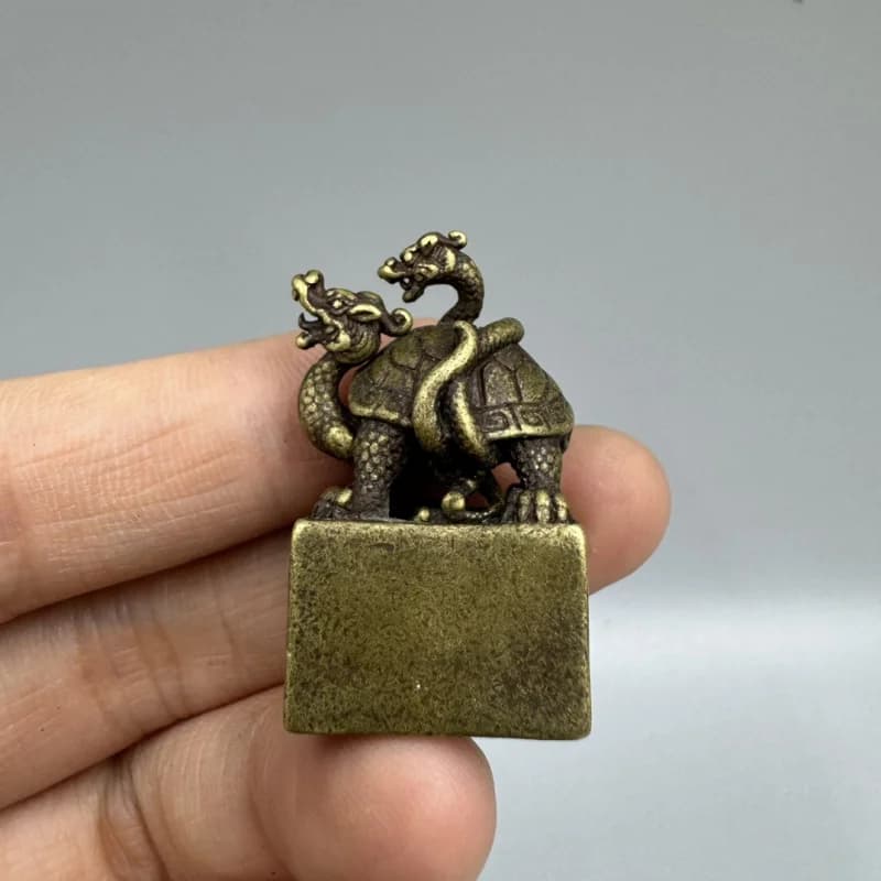 Antique Collectible Bronze Mythical Creature Xuanwu Set Ornament, Pure Brass Seal Decoration Craft