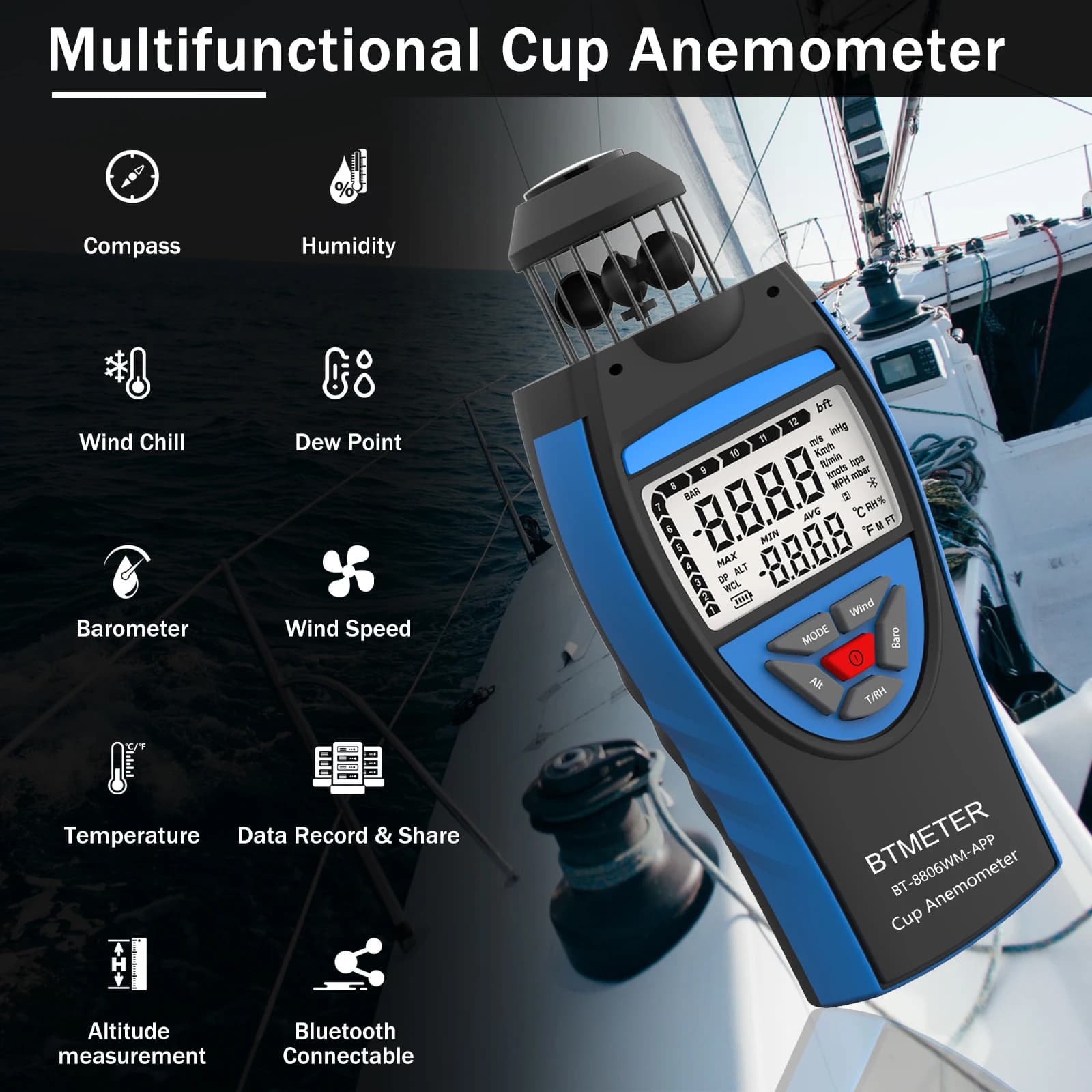 HOLDPEAK Bluetooth Digital Anemometer Wind Speed Meter Temp Humidity Altitude Barometer APP Tester for Weather Drone Flying HVAC