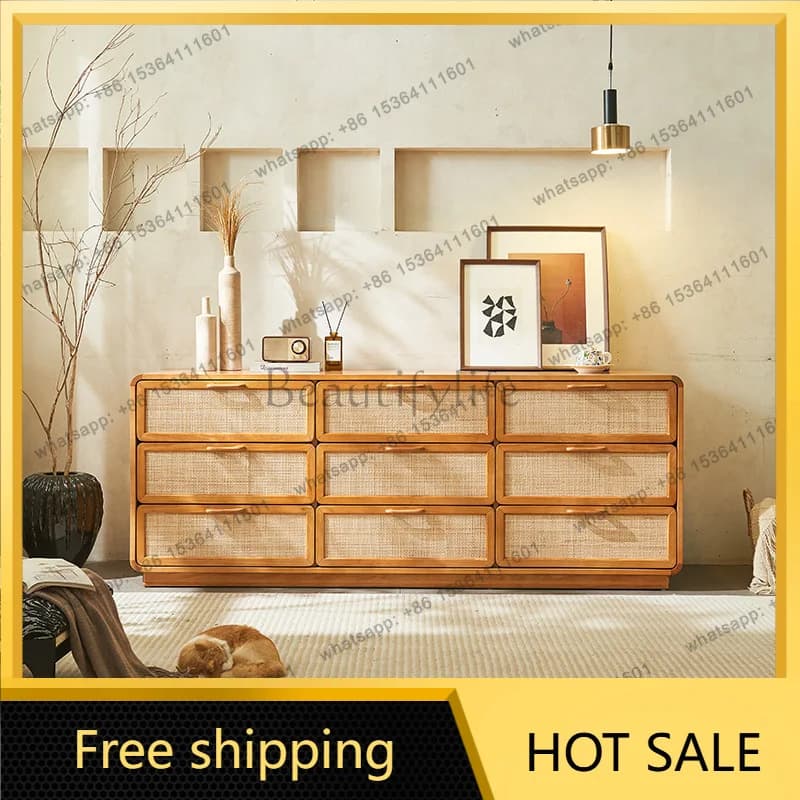 FG wabi-sabi wind solid wood rattan cherry color drawer storage locker Japanese-style entrance cabinet