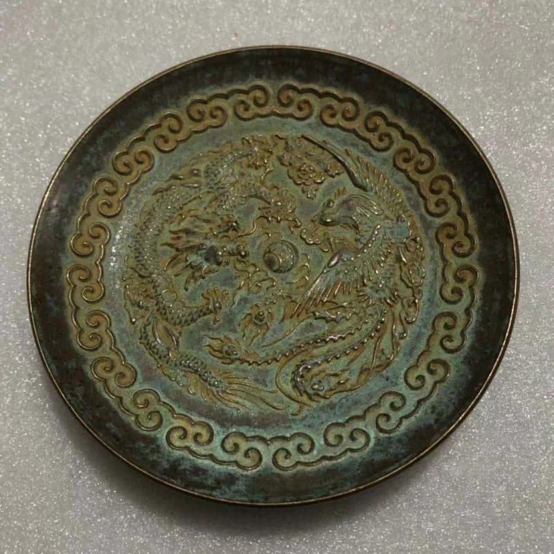 Antique miscellaneous items: distressed brass dragon phoenix auspicious tray, small decorative piece for home and office