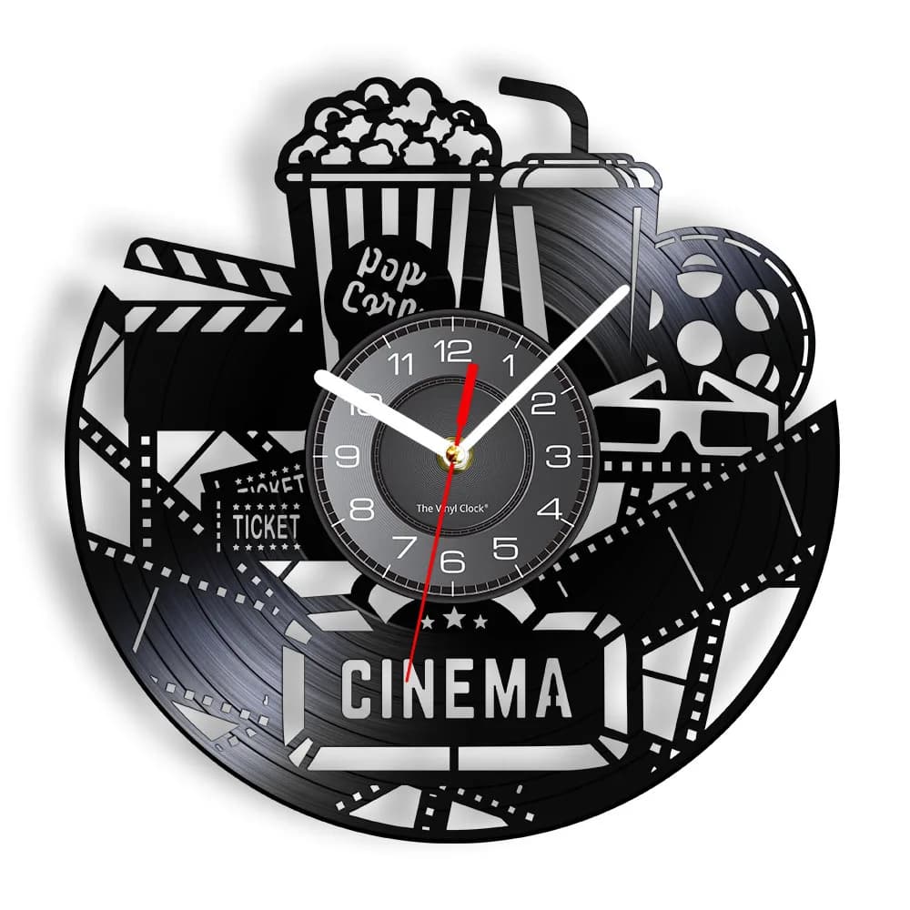 Cinema Production Clock Movie Theater Sign Popcorn Vinyl Record Wall Clock Watching Film Vintage Wall Decor Movies Lovers Gift