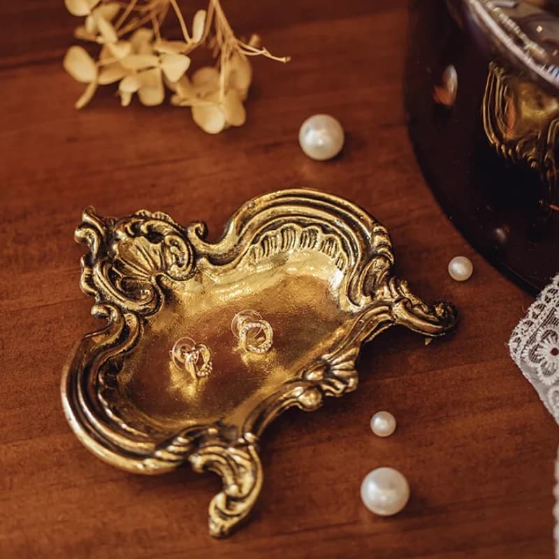 Luxury French Antique Jewelry Plate Vintage Golden Trinket Dish Elegant Storage for Rings Watches or Accessories