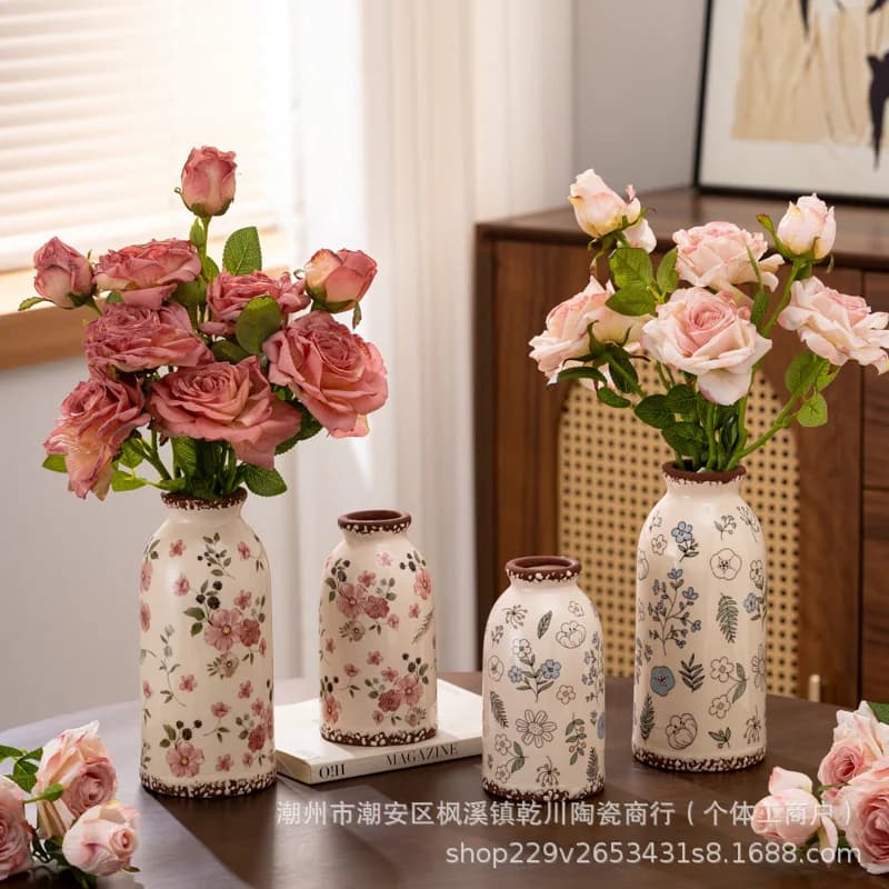 HYS retro ceramic vase ornament living room flower arrangement light luxury high-end flower arrangement dried flowers creative
