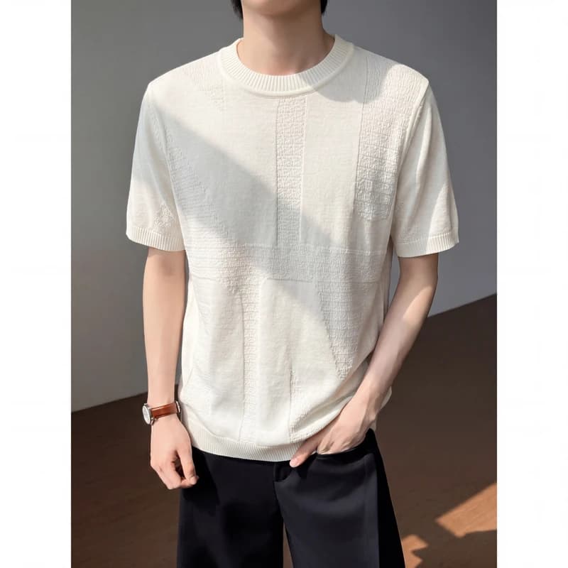 2026 Summer New Style Mature Male Slim-Fitting Round-neck Solid-Color Plaid Knitted Sweater Short Sleeve
