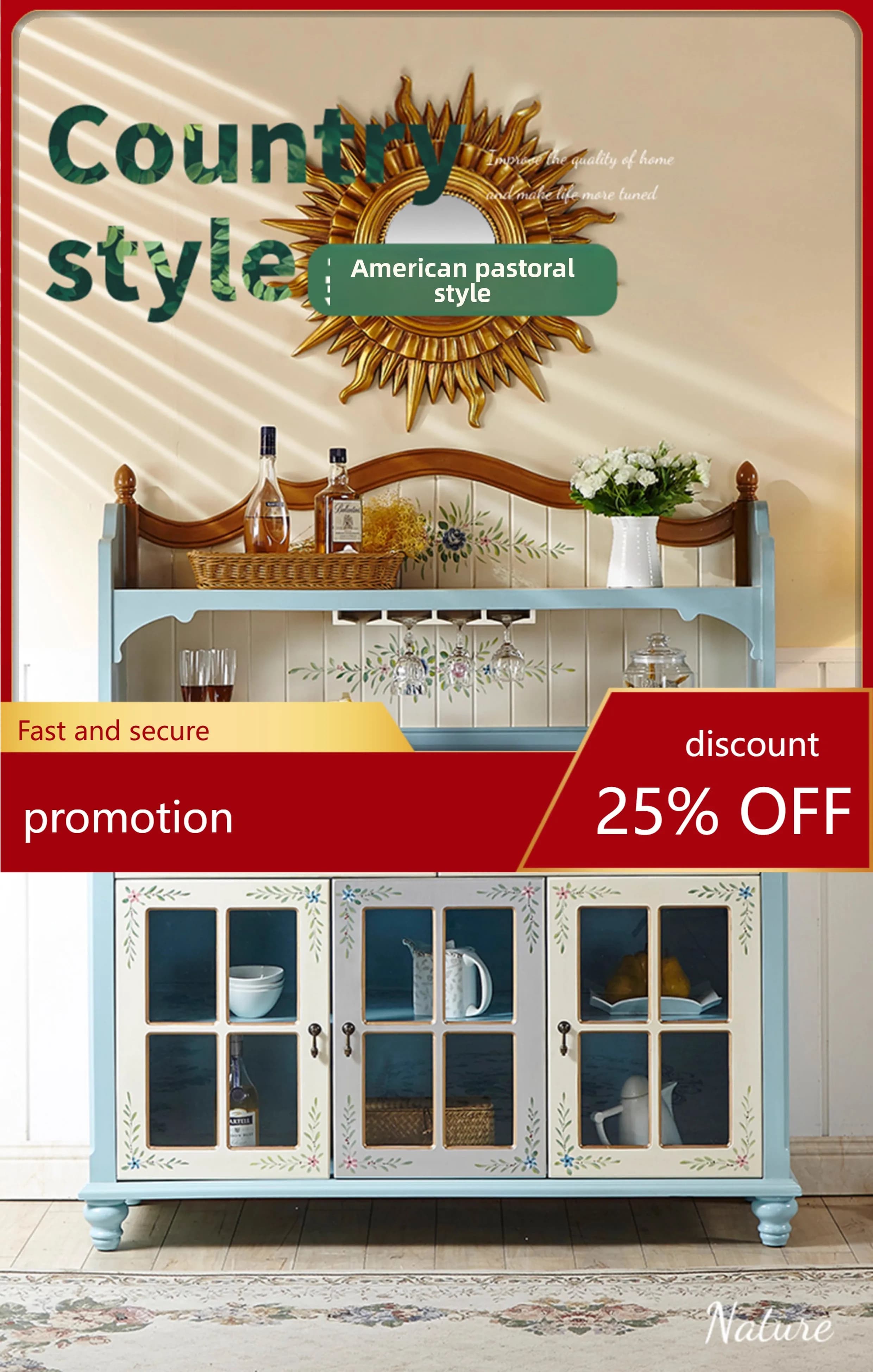 CZ  Painted Blue Large Capacity Sideboard Country Style Integrated Wall-Mounted Storage Cabinet Mediterranean Style Wine Cabinet