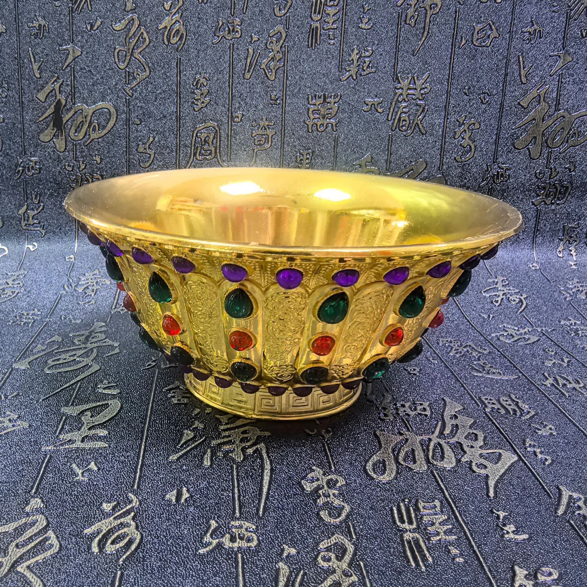 Craft Gemstone Bowl Antique Pure Copper Gilded Gemstone Inlaid Craft Ornament Collection Decoration