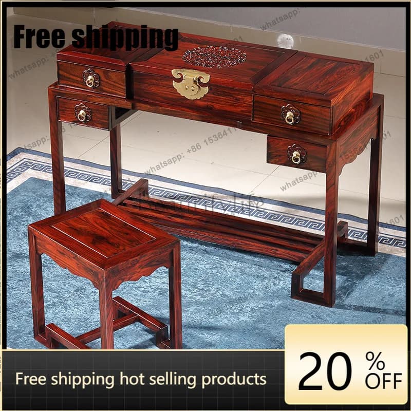 X4 Rosewood Dressing Table Black Sandal Wood Bedroom Chinese Classical Makeup Desk Set with Mirror