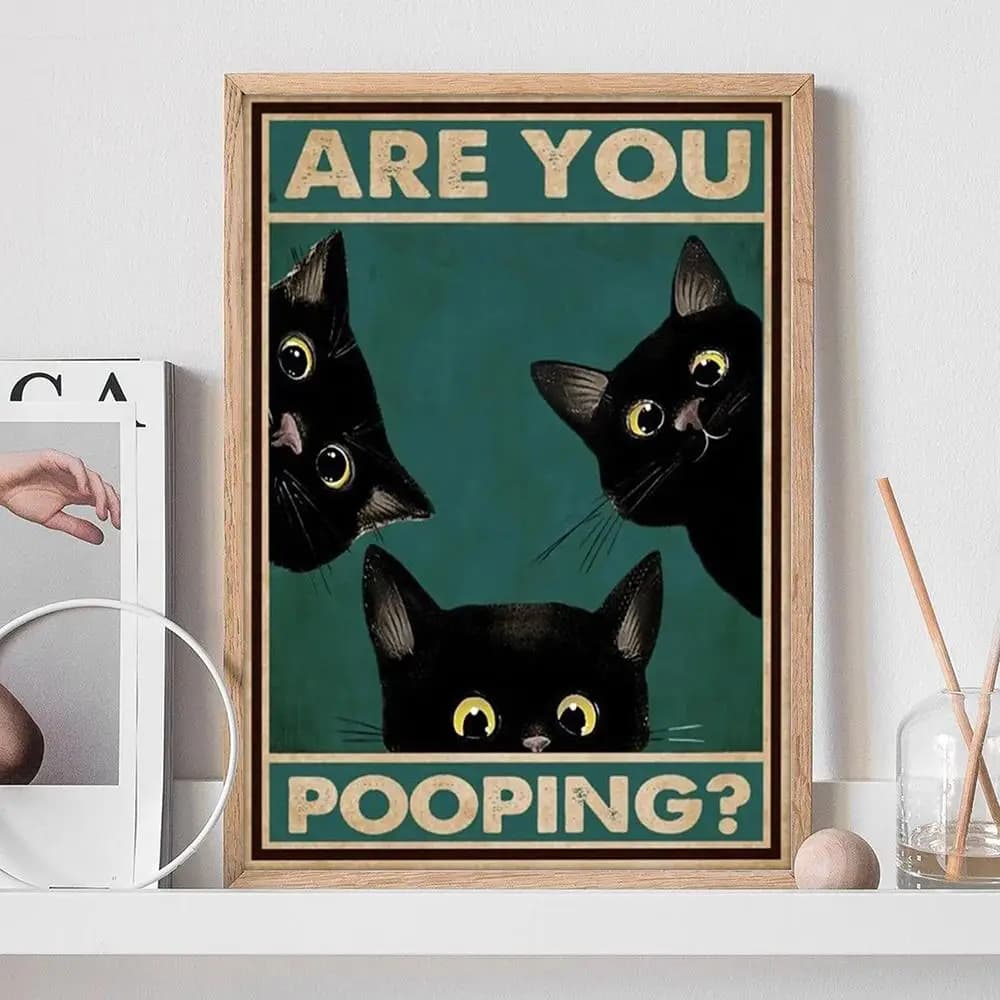 Black Cat Are You Pooping Funny Poster Prints, Retro Cat Canvas Wall Art Picture for Bathroom Toilet Decoration