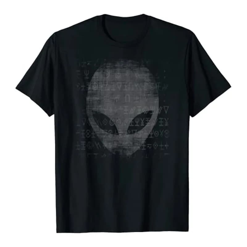 Alien Head Shirt Aliens Symbols Writing UFO T-Shirts Space Buffs Graphic Tee Y2k Top Funny Conspiracy Theorists Outfits Gifts