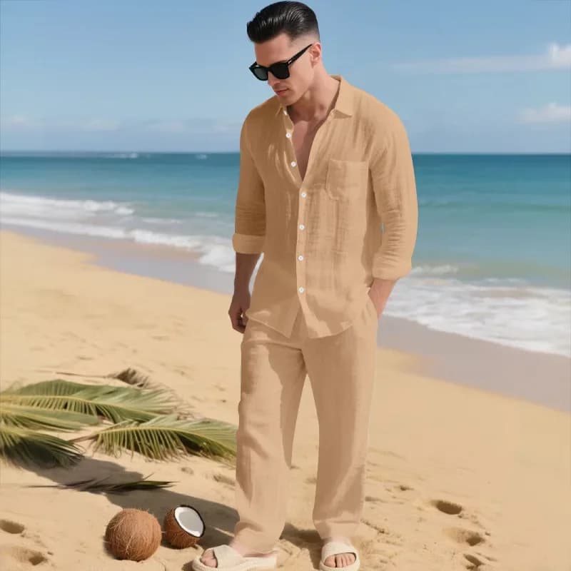 Spring and Autumn Men's Fashion Trend Linen Shirt Casual Loose Solid Color Lapel Long Sleeve Trousers Two Sets