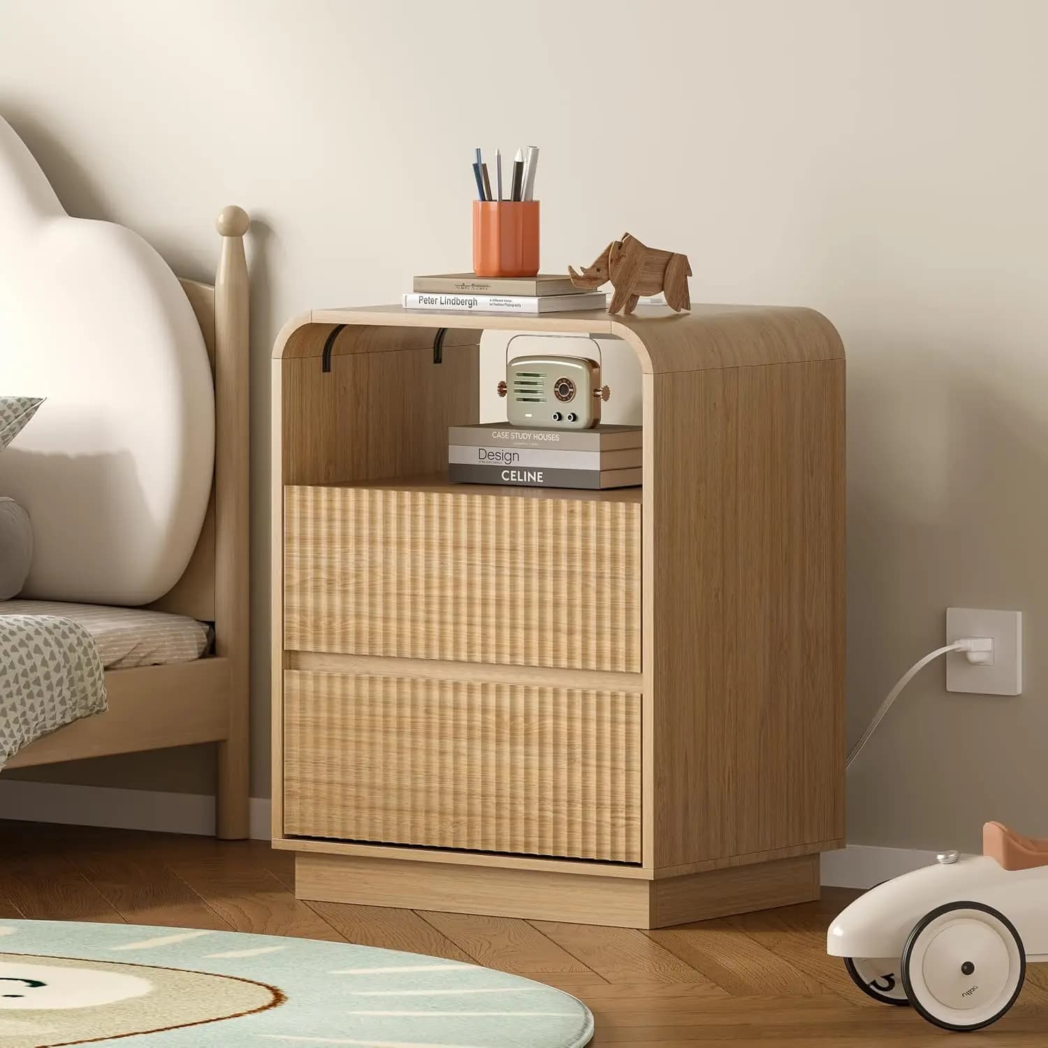 Dresser with 2 Drawers and Charging Station, Fluted Bedside Table with Round Curved Corner, Hidden Handles, 2 AC, Customized