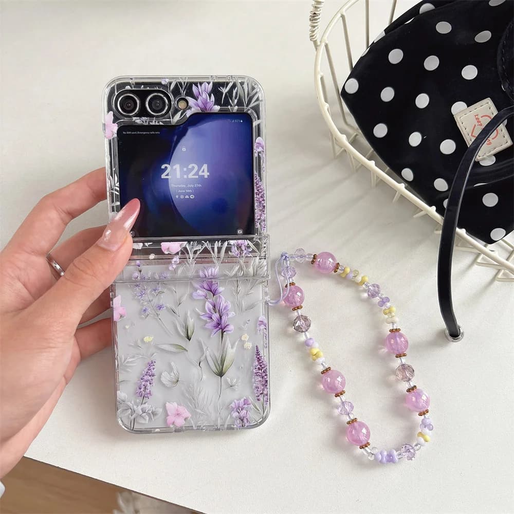 Elegant Delicate Lavender Floral Printed Clear Phone Case for Samsung Galaxy Z Flip 7-3 Crystal Bead Strap Protective Cover