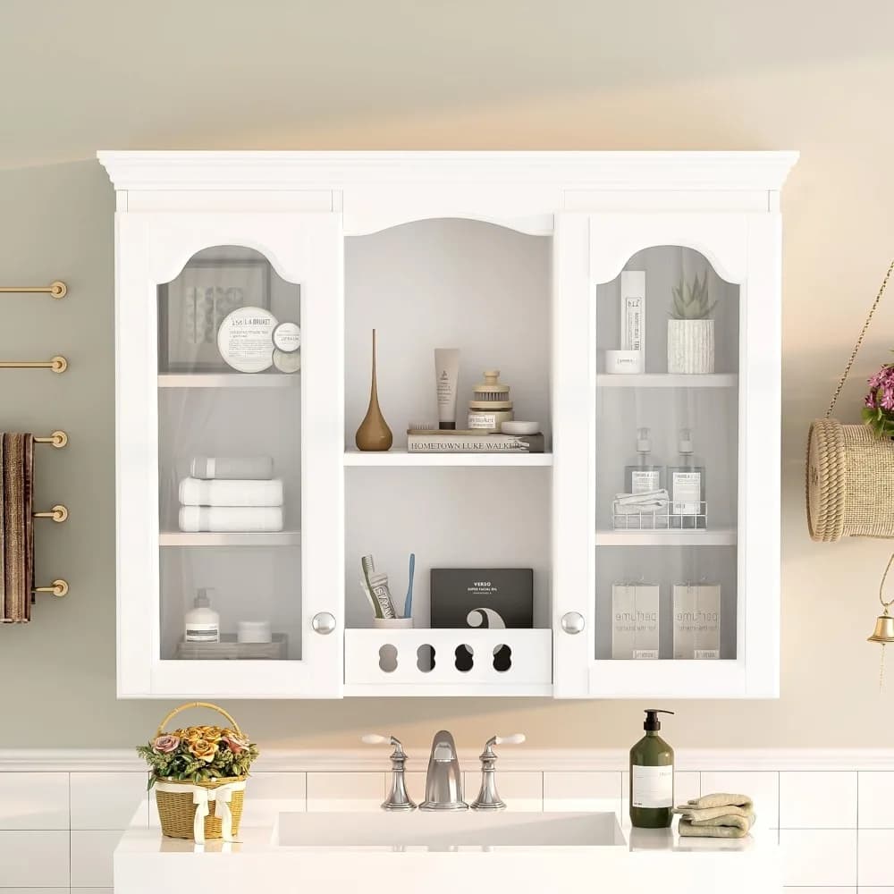 Country Bathroom Medicine Cabinet, 36" x 28" Wall Mount Bathroom Storage Cabinet with Glass Doors and Open Shelves