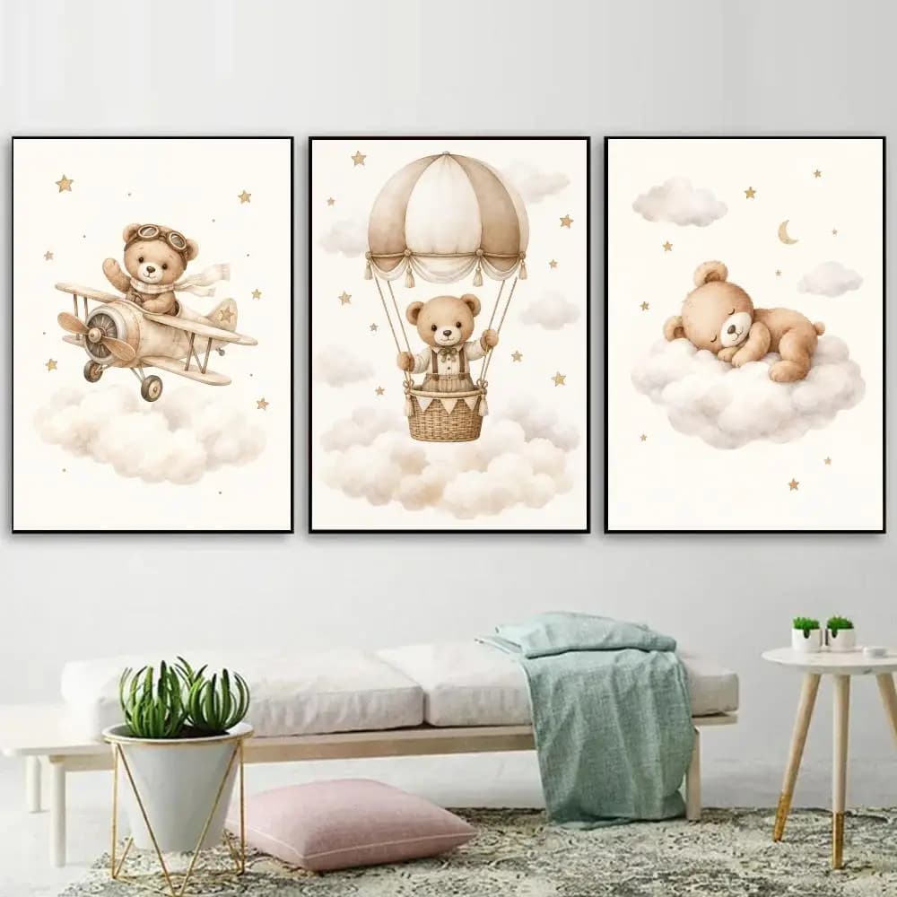 Teddy Bear with Vintage Airplane Painting Calligraphy 3PC Canvas Poster Set Wall Art Painting for Bedroom Living Room Home Decor
