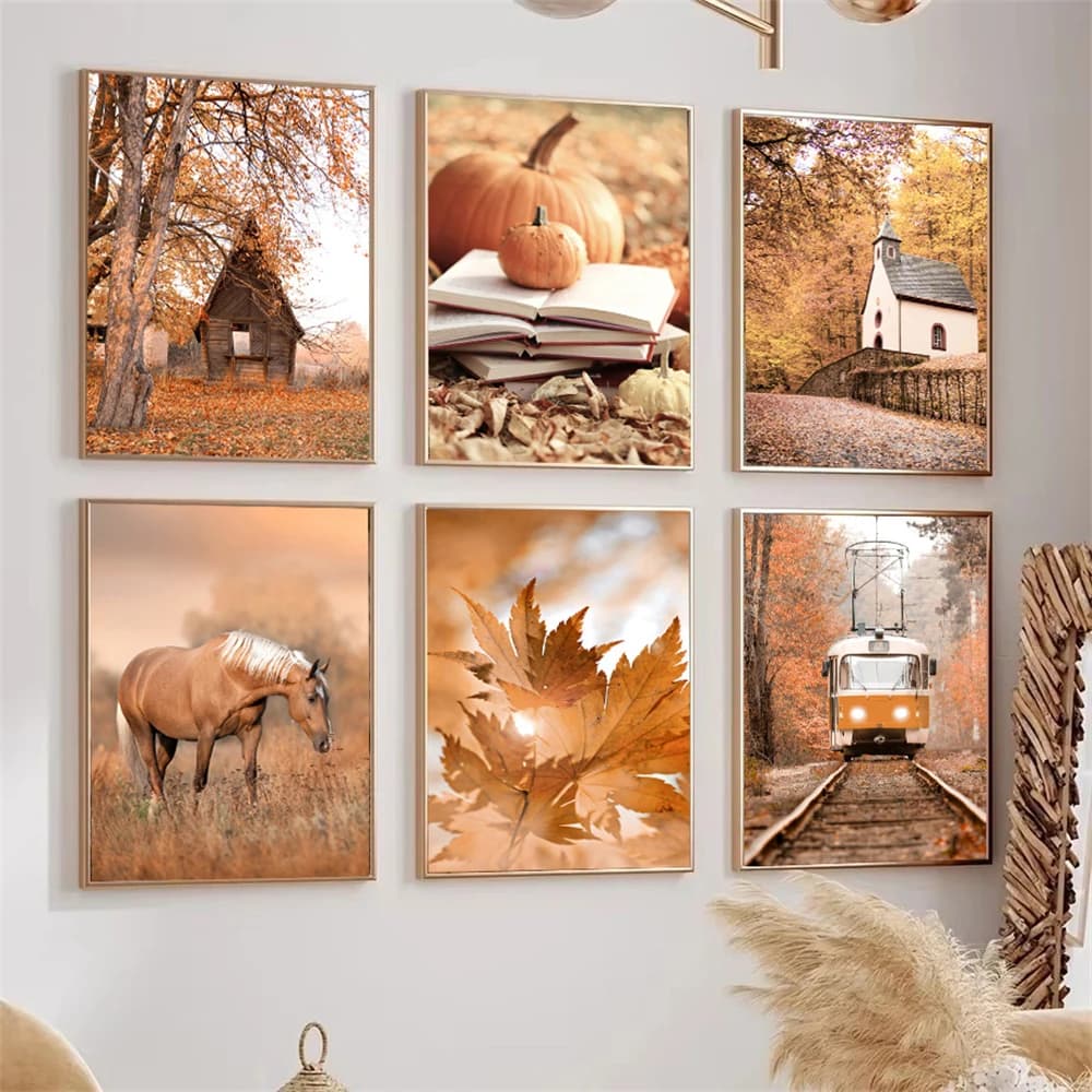 Autumn Forest Horse Pumpkin Leaves House Wall Art Canvas Painting Nordic Posters And Prints Wall Pictures Living Room Home Decor