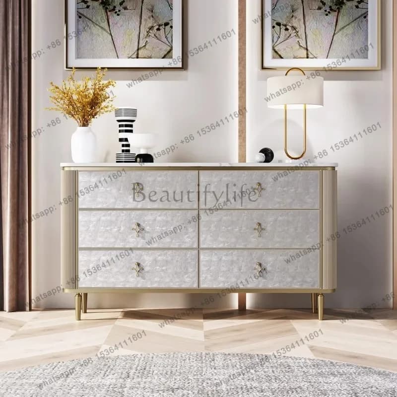 12American light luxury bedroom TV cabinet living room solid wood drawer marble shell storage cabinet