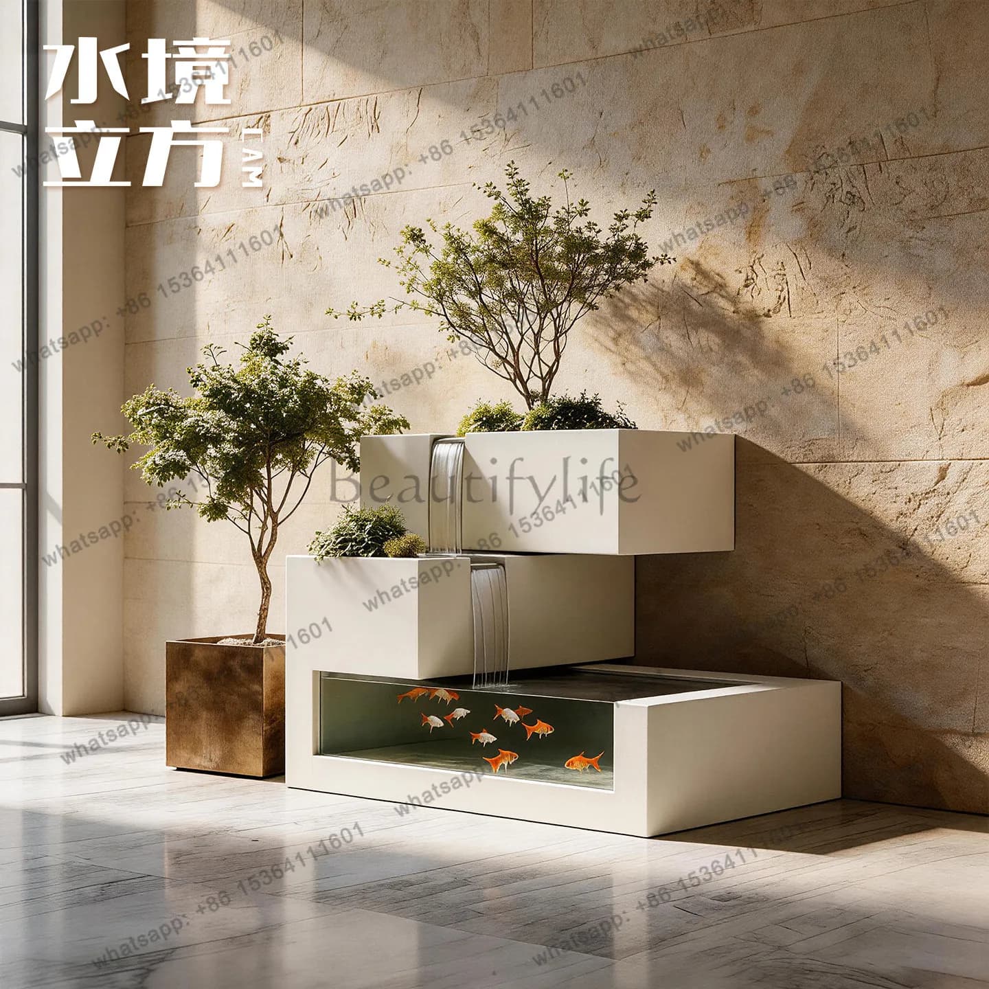 Stainless steel creative multi-layer stepped floor-to-ceiling fish tank decorative water landscape self-circulation flower box