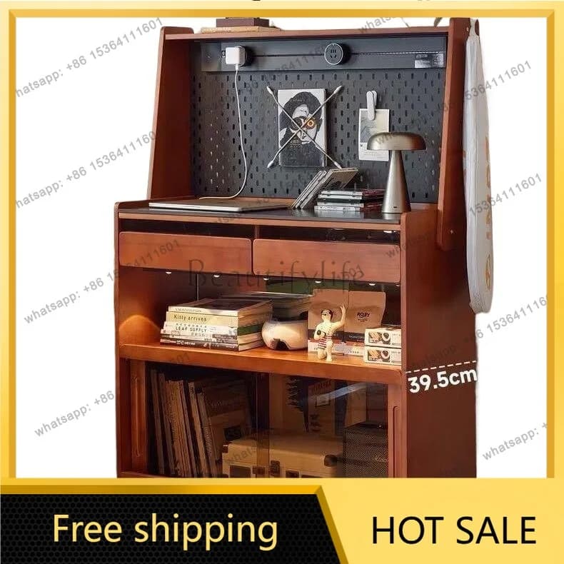 FG medieval movable solid wood side cabinet with wheels retro integrated locker