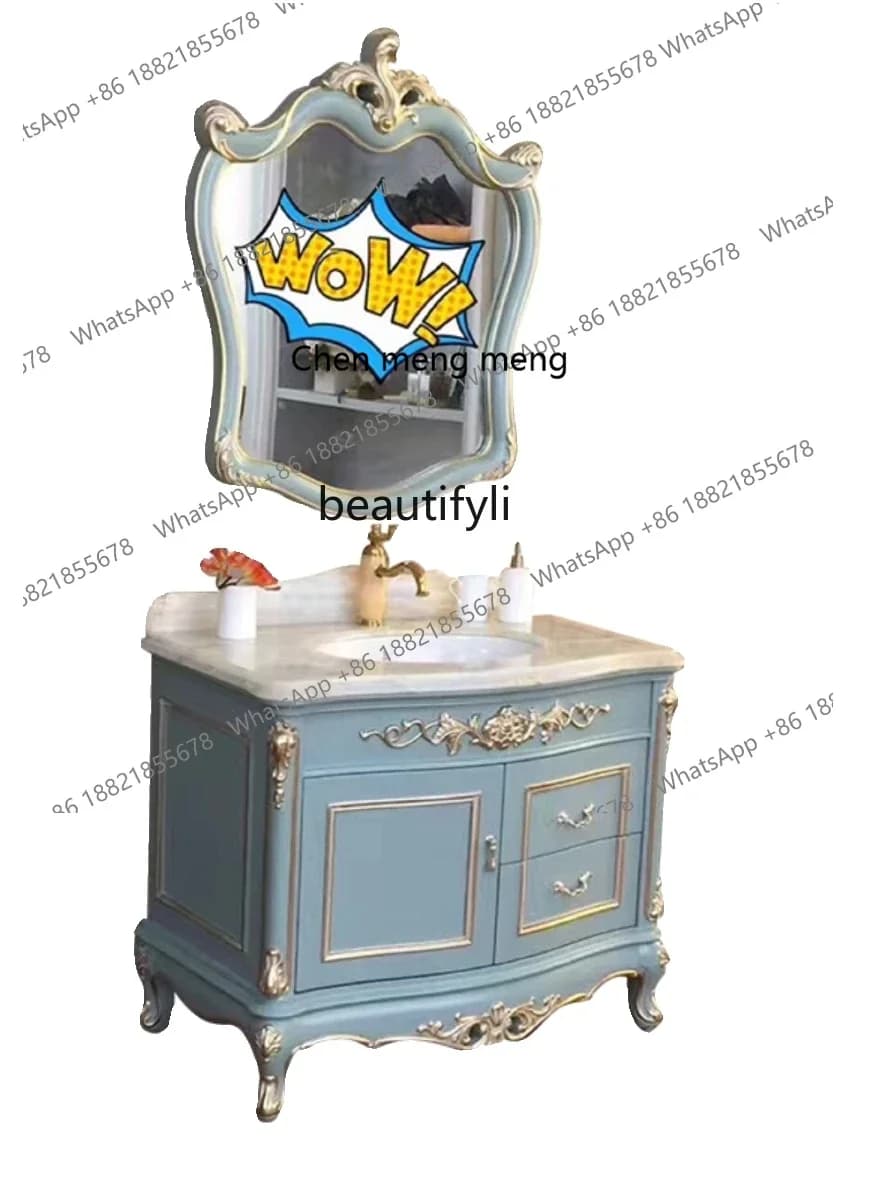 ss 8350 New European-Style Bathroom Cabinet Oak Solid Wood Floor-Standing Bathroom Cabinet Arc Bathroom Table Face Washing Wash