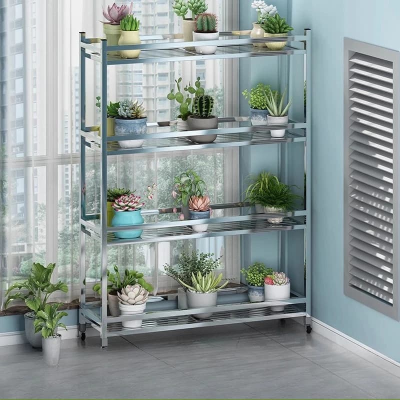 Stainless steel flower stand with wheels, widened multi-layer, space-saving home balcony storage rack, outdoor movable pot rack