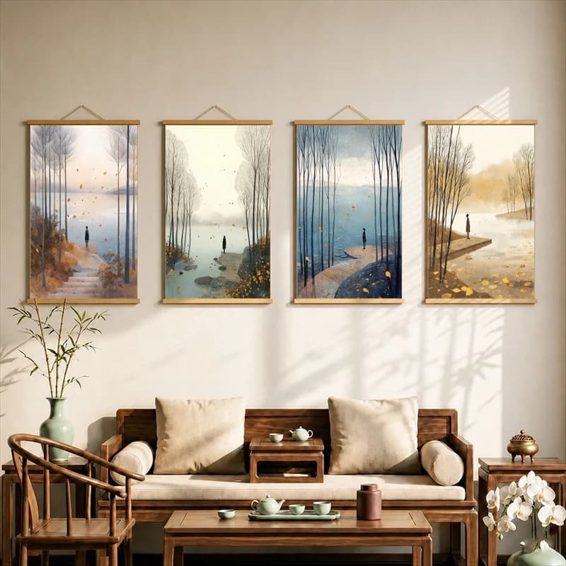 Autumn Nostalgia Landscape Canvas Wall Art Hanging Scroll Poetic Seasonal Print with Wooden Rods for Living Room Decor
