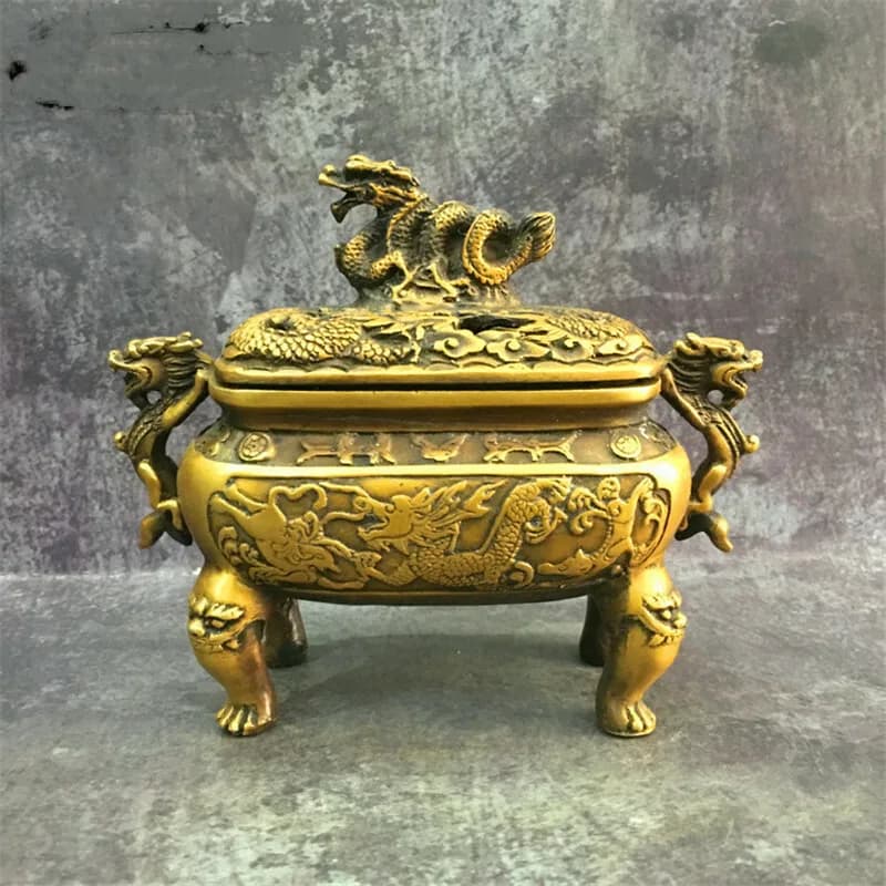 5.8" Vintage Decorated Brass Incense Burner Old Handwork Carved Dragon