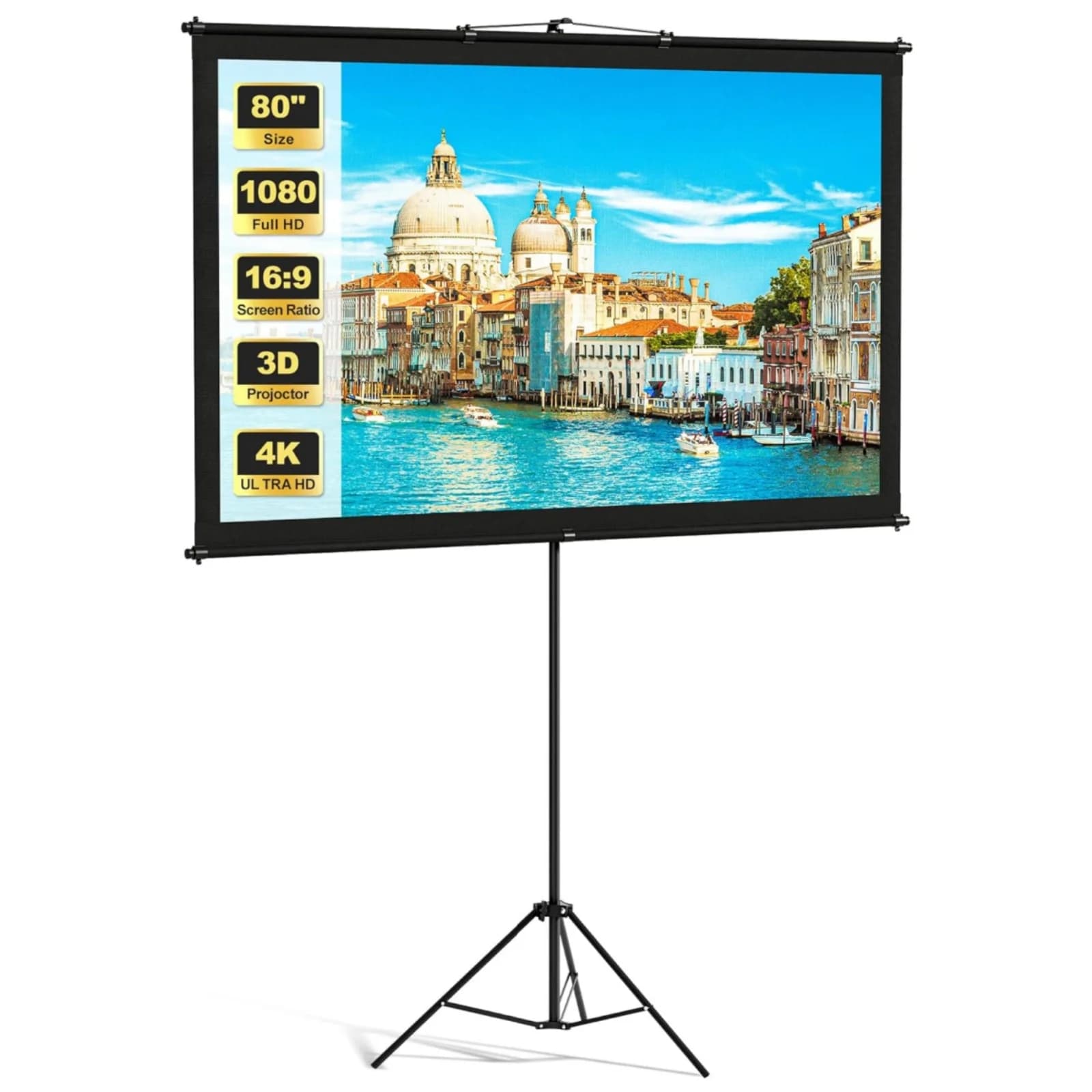 Portable Projection Screen with Single-Support Tripod Stand, Indoor Outdoor Movie Screen，80"16:9 Mobile Home Theater Background