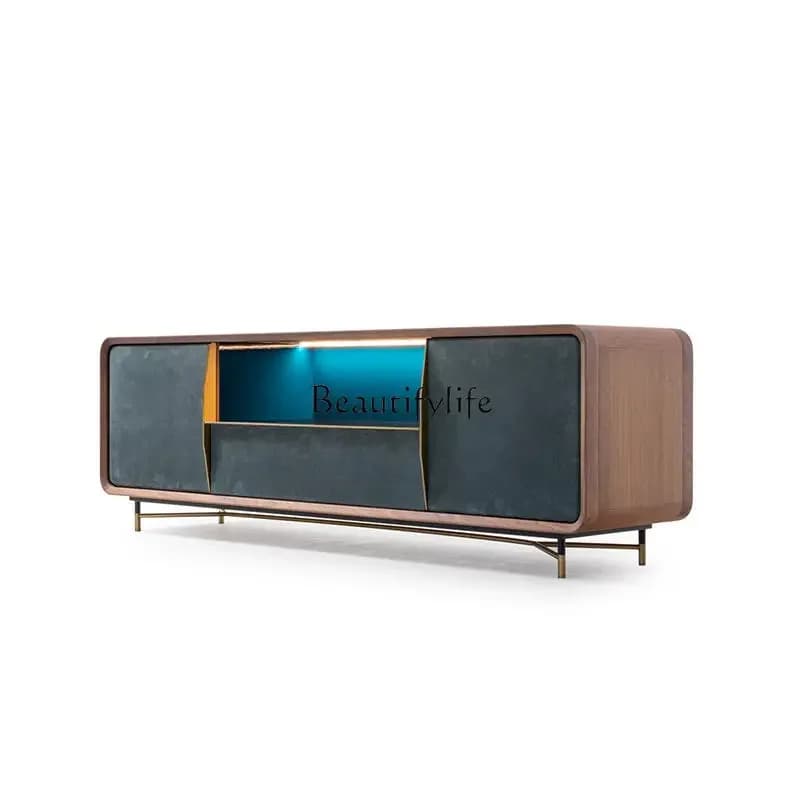 LXItalian minimalist leather TV cabinet Nordic style walnut living room floor cabinetSSS