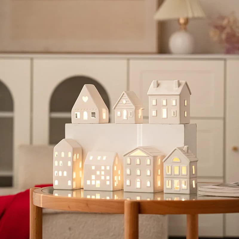 White Ceramic Small House Christmas Decoration Candle Holder Minimalist Castle Village House Home Desktop Ornament Figurine Gift
