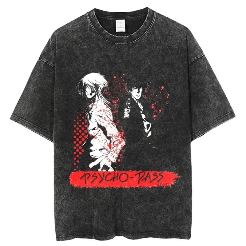 Punk Psycho Pass Mens Black Vintage Tshirt Anime Graphic Print Washed TShirt Hip Hop Streetwear Summer Short Sleeve Harajuku
