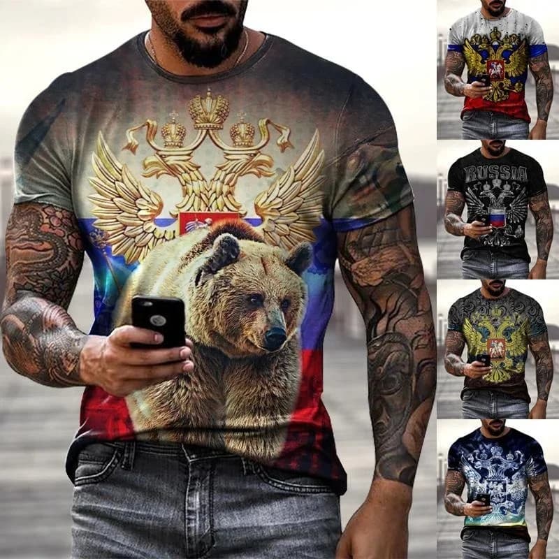 Summer Russian Bear 3D Printed T-shirt for Men, Round-neck Russian Flag Short-sleeved Fashionable Men's Clothing, Street Wear, O