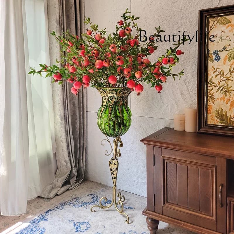 J Designer New Chinese-style Living Room Floor-to-ceiling Glass Vase Wrought Iron Festive Red Simulated Flower