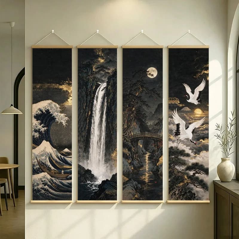 Japanese Wall Art Moonlit Waves Waterfall and Flying Cranes on Silver Shimmer Canvas for Dramatic Living Room Decor