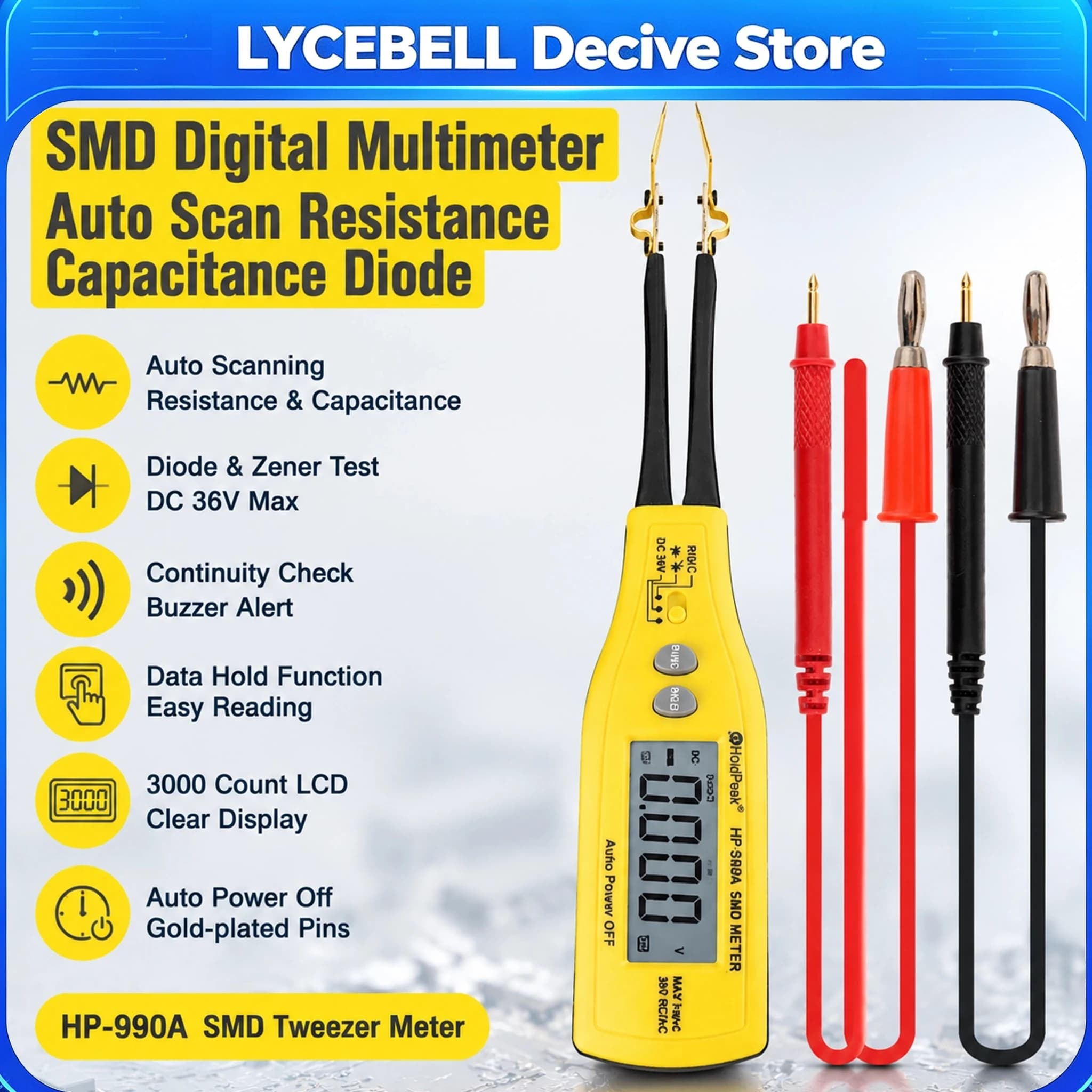 SMD Tester Multimeter Auto Scan Resistance Capacitance Diode Zener LED Continuity DC 36V Voltmeter Ohm with Gold Tweezers