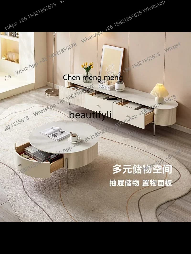 M182 Cream Style TV Cabinet and Tea Table Living Room Floor Glass TV Stand