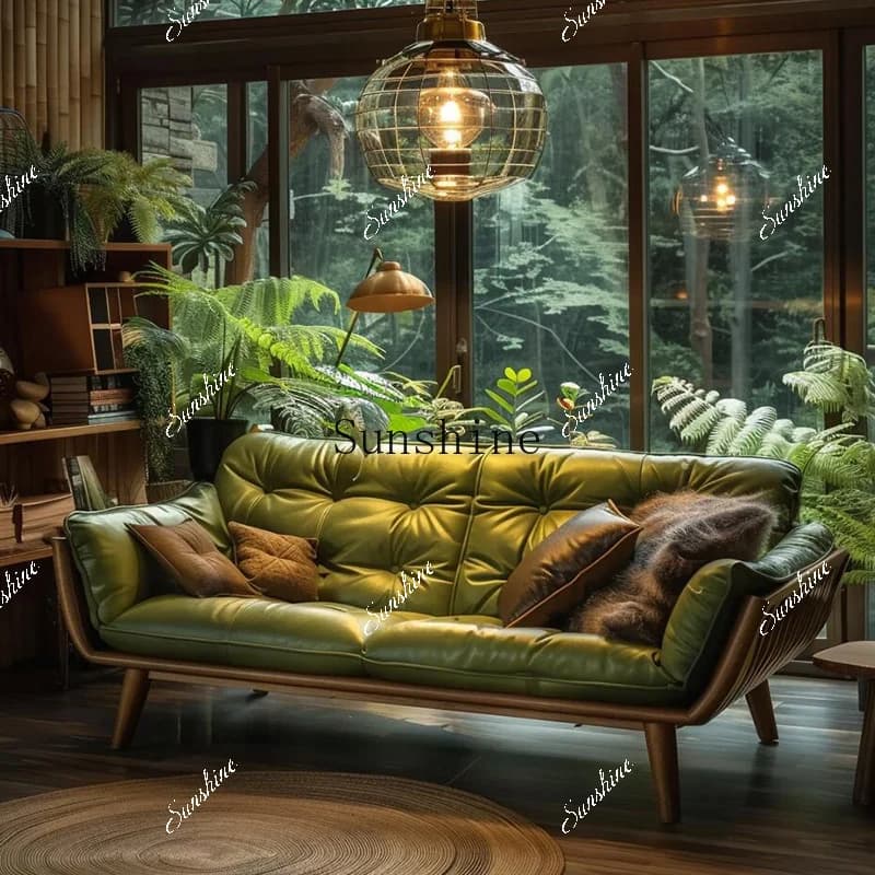New Chinese-style living room villa high-end solid wood leather three-person sofa  FT