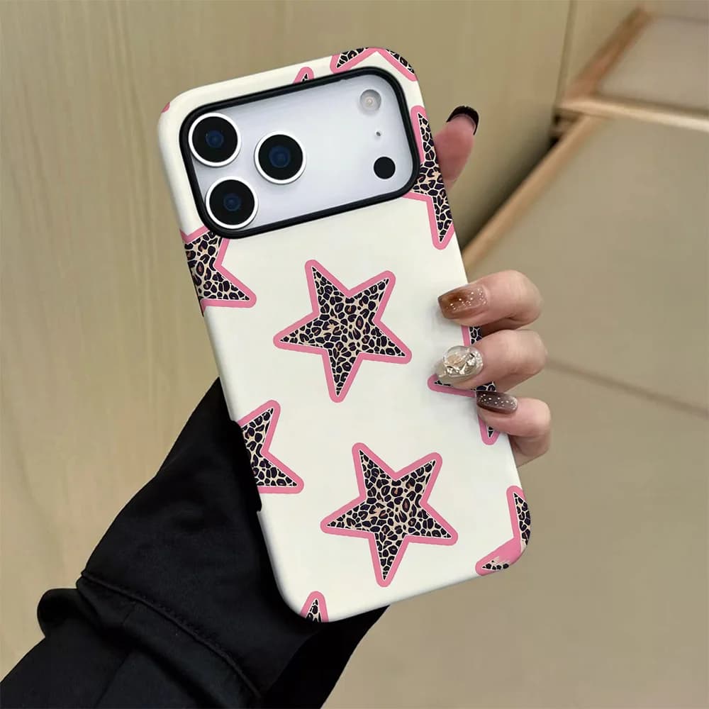 Fashion Leopard Print Five-pointed Star Pattern Two-in-one Film Phone case, suitable for iPhone 17, 16, 15, 14, 13, 12, 11, etc.