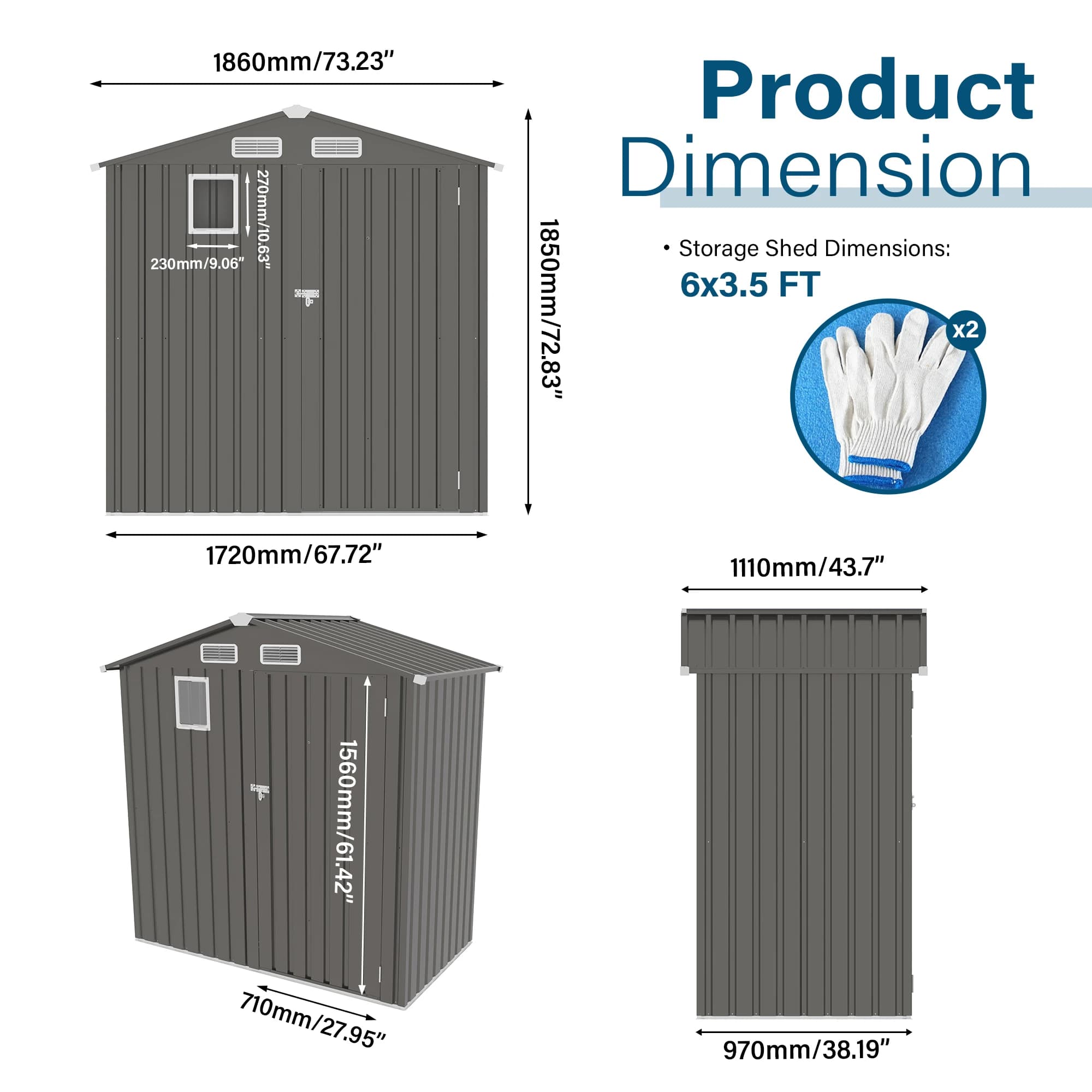 6*3.5FT Free Ship Instock Warehouse Metal Outdoor Storage Shed With Pitched Roof Waterproof With Front Window And Hinged Door