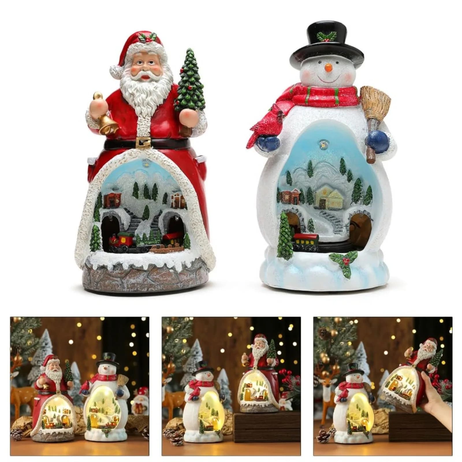 Christmas Music Box Santa Claus Snowman Figurine Rotating LED Lights Holiday Ornament, Tabletop Home Decor Gift for Winter Party