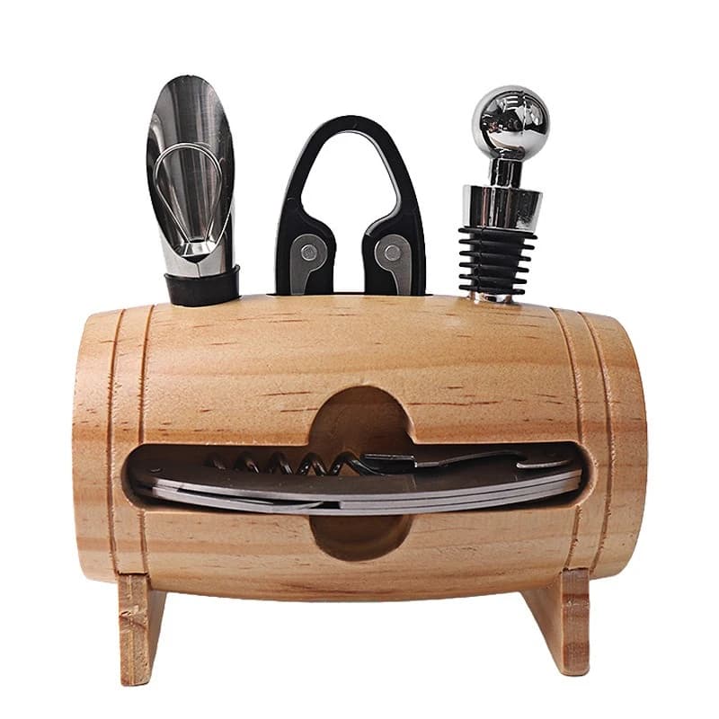 Red wine bottle opener set of 4 pieces, household manual red wine bottle opener utensil wooden rack gift set