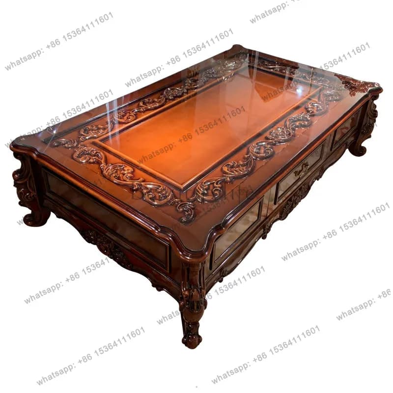 European solid wood coffee table large countertop carved piano paint American glass retro