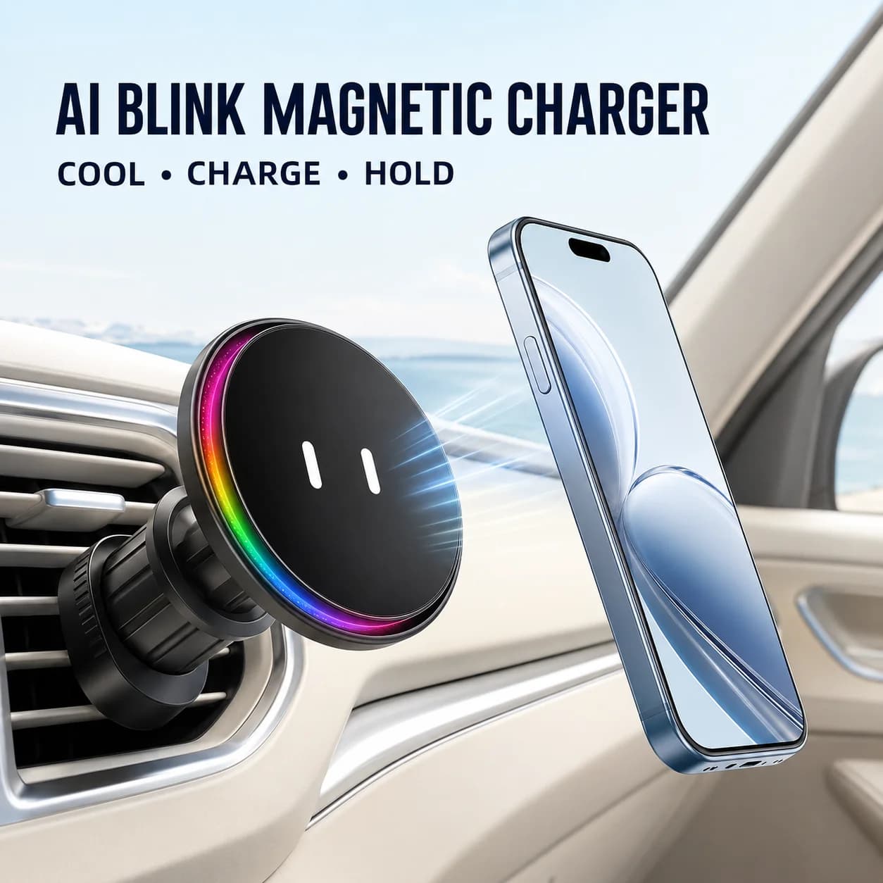 MagSafe Magnetic Wireless Car Charger Phone Mount, AI Blinking Eyes, 9-Color RGB Ambient Light, Cooling Fan Fast Charger Holder