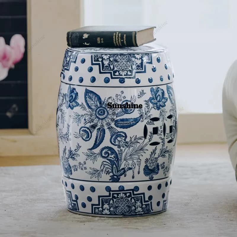 White jade blue and white oriental drum stool ceramic French living room side table
